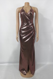 Champagne Fashion Sexy Solid Backless Slit Spaghetti Strap Evening Dress