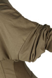 Olive green Daily Polyester Patchwork Solid Split Joint V Neck Long Sleeve Regular Sleeve Two Pieces