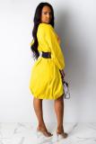 Yellow Casual lantern sleeve Long Sleeves O neck Lantern skirt Knee-Length lip
