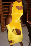 Yellow Sexy Solid Hollowed Out O Neck Sleeveless Dress Dresses