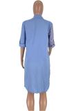 Light Blue Polyester Lightly cooked Fashion adult Cap Sleeve Long Sleeves Notched Asymmetrical Knee-Length Prin