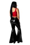 Red PU Zipper Fly Sleeveless Mid Zippered Solid Patchwork Boot Cut Pants