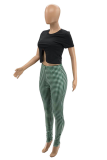 Red Casual Plaid Patchwork Skinny Mid Waist Pencil Patchwork Bottoms