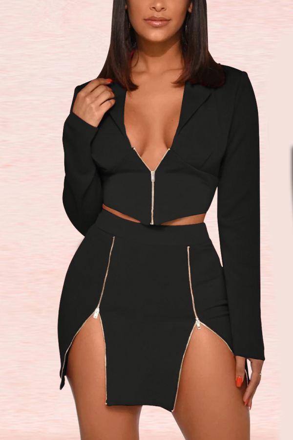 Black Sexy Solid Patchwork Slit Turndown Collar Two Pieces