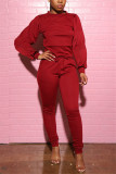 Wine Red Fashion Casual Solid Basic O Neck Long Sleeve Two Pieces