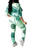 Green Fashion adult Ma'am Street Patchwork Print Two Piece Suits Straight Half Sleeve Two Pieces