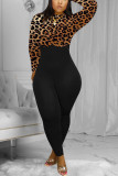 Leopard print Fashion Street Adult Twilled Satin Patchwork Solid Split Joint O Neck Skinny Jumpsuits