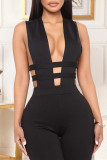 Blue Sexy Casual Solid Hollowed Out V Neck Skinny Jumpsuits