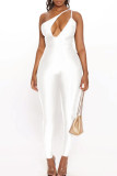 White Fashion Sexy Solid Hollowed Out Oblique Collar Skinny Jumpsuits