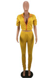 Yellow Polyester Zipper Fly Short Sleeve Solid pencil Pants Two-piece suit