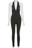 Pink Sexy Sportswear Solid Backless V Neck Skinny Jumpsuits