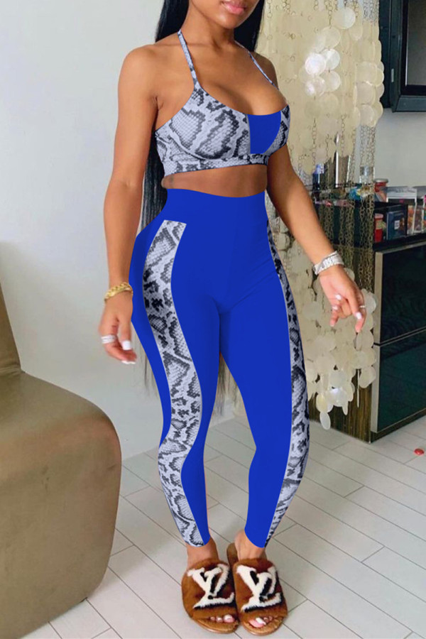 Blue Fashion Sexy Print Patchwork Backless Halter Sleeveless Two Pieces