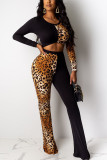 Black Sexy Leopard Patchwork O Neck Long Sleeve Two Pieces