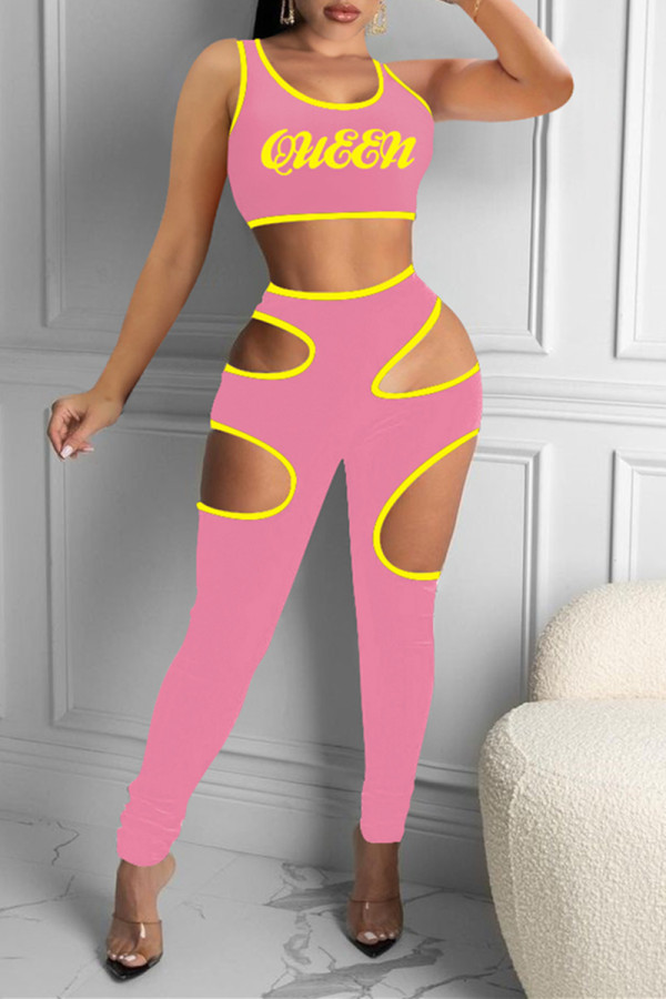 Pink Sexy Casual Letter Print Hollowed Out O Neck Sleeveless Two Pieces