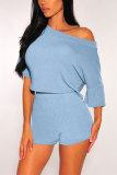 Blue Fashion Sexy adult Patchwork Solid asymmetrical Two Piece Suits HOLLOWED OUT pencil Short Sleeve Two Pieces