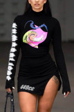 Black Sexy Print Slit Half A Turtleneck Dresses