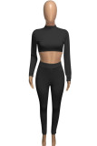 Black Fashion Street SportswearSolid Pullovers Half A Turtleneck Two Pieces