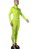 Fluorescent green Street Sportswear Solid O Neck Long Sleeve Two Pieces