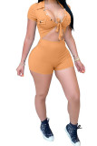 Orange Fashion Casual bandage Button Solid Polyester Short Sleeve Turndown Collar Jumpsuits