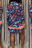 Tibetan Blue Sexy Print Patchwork Turndown Collar Straight Dresses