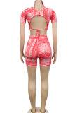 Red Sexy Polyester Print O Neck Short Sleeve Short Two Pieces