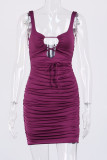 Purple Sexy Street Solid Patchwork Frenulum Backless Fold Spaghetti Strap Sling Dress Dresses