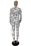 White Casual Leopard Patchwork Draw String O Neck Long Sleeve Two Pieces