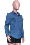 Blue Casual Solid Turndown Collar Tops