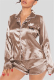 Light Brown Casual Living Letter Embroidery Basic Turndown Collar Long Sleeve Two Pieces