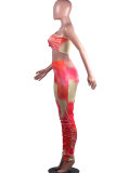 Red Fashion adult Street Patchwork Print Tie Dye Draped Two Piece Suits pencil Short Sleeve Two Pieces