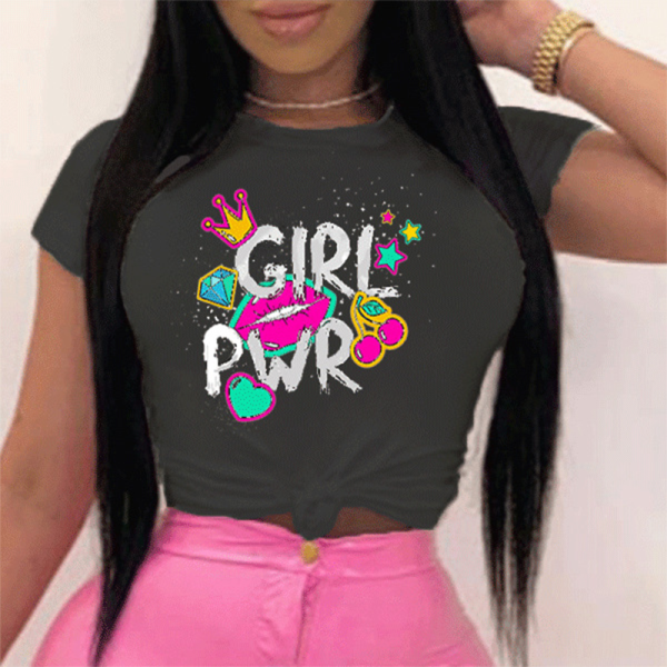 Black O Neck Short Sleeve Print Tops