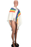 White Scarf Collar Rainbow Patchwork tassel Others Long Sleeve 