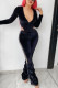 Black Sexy Solid Sequins Patchwork V Neck Long Sleeve Two Pieces