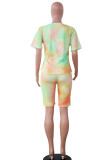 Green venetian Fashion Casual adult Ma'am Patchwork Print Character Tie Dye Two Piece Suits pencil Short Sleeve Two Pieces