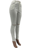 Pink Casual Solid Ripped Skinny Mid Waist Pencil Bottoms