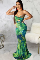 Green Polyester Sexy Fashion Off The Shoulder Sleeveless Wrapped chest Asymmetrical Floor-Length Patchwork