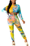 Orange Polyester Fashion Casual adult Ma'am Tie Dye Two Piece Suits pencil Long Sleeve Two Pieces