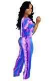 purple Polyester Casual Fashion Tie Dye crop top Two Piece Suits asymmetrical Straight Half Sleeve Two-pie