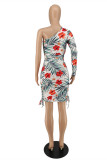 White Fashion Sexy Print Backless Strap Design Oblique Collar Long Sleeve Two Pieces