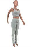 Red Casual Sportswear Solid Vests Pants V Neck Sleeveless Two Pieces