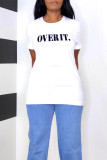 White Fashion Casual Letter Print Basic O Neck Tops