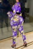 Blue Sexy Geometric Print Patchwork O Neck Long Sleeve Two Pieces