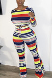 Yellow Street Striped Patchwork O Neck Long Sleeve Two Pieces