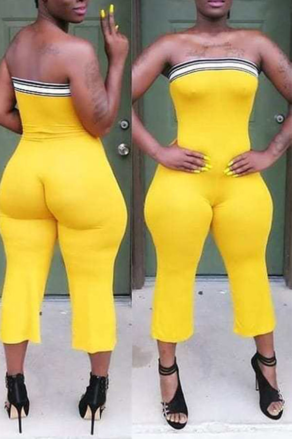 Yellow Casual Solid Patchwork Strapless Skinny Jumpsuits