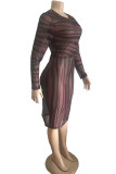Wine Red Polyester Fashion Sexy adult Ma'am Cap Sleeve Long Sleeves O neck Princess Dress Knee-Length Striped Dresses