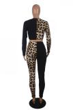 Black Fashion adult Sexy crop top Patchwork Two Piece Suits Leopard pencil Long Sleeve Two-piec