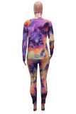 Multicolor Street Patchwork Tie-dye V Neck Long Sleeve Two Pieces