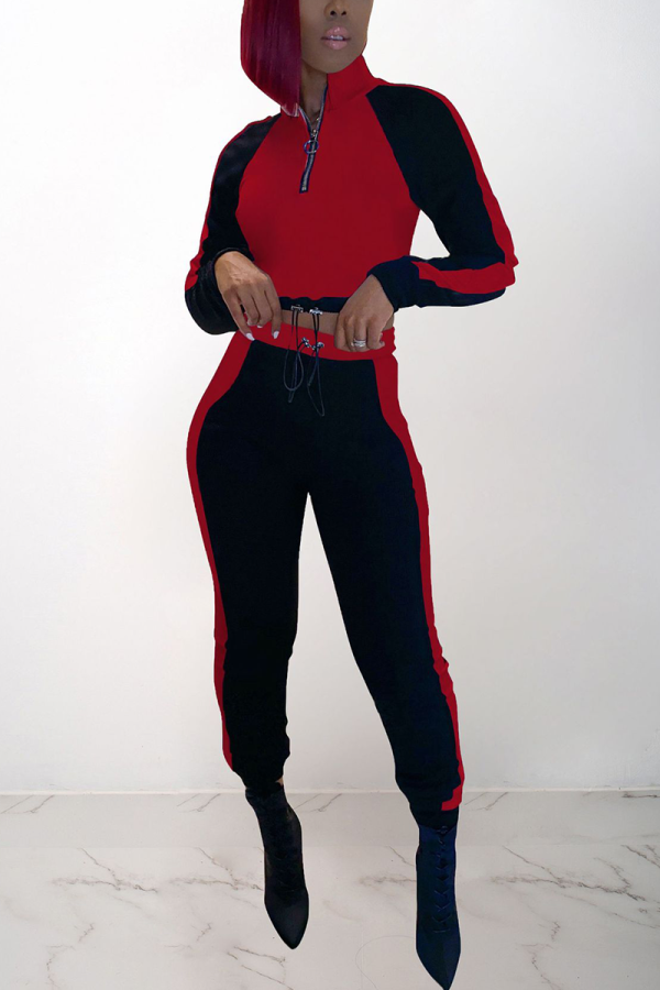 Wine Red Casual Solid Patchwork Zipper Collar Long Sleeve Two Pieces