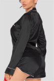 Black Casual Living Letter Embroidery Basic Turndown Collar Long Sleeve Two Pieces