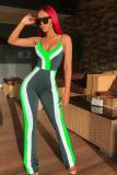 Green Casual Fashion Asymmetrical Patchwork Geometric Sleeveless Slip Jumpsuits